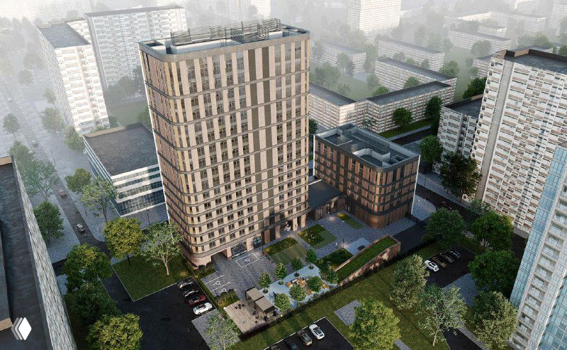 Панорамный рендер ЖК Mariinn Park с высоты: два корпуса разной этажности, внутренний двор и соседняя жилая застройка вокруг проекта.