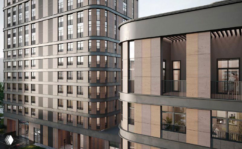 Крупный план современной фасадной отделки ЖК Mariinn Park: материалы, балконы и декоративные элементы архитектуры ближайших секций.