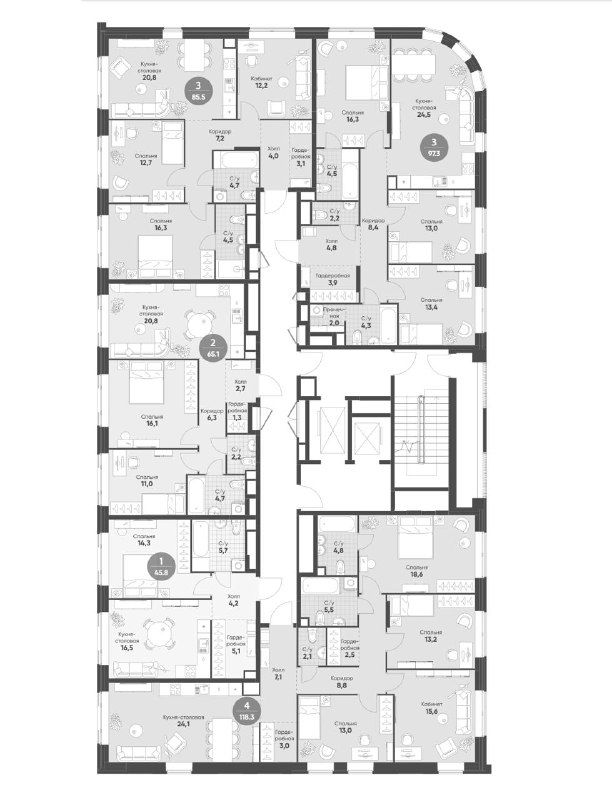 План этажа одного из корпусов ЖК Mariinn Park с расположением квартир, общих коридоров, лифтов и примерными планировками жилых модулей.