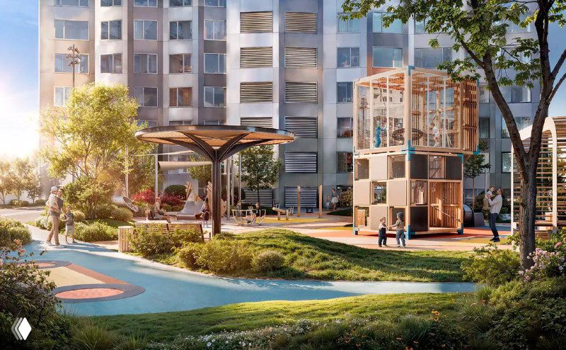 Визуализация благоустройства двора UNO.Горбунова: игровая и спортивная зона, прогулочные дорожки и элементы ландшафтного дизайна в проекте.