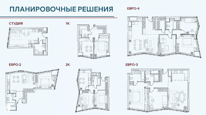 Планировочные решения ЖК UNO.Горбунова: схемы студий, евро2–евро4 и двухкомнатных планировок с указанием основных зон и относительных размеров.