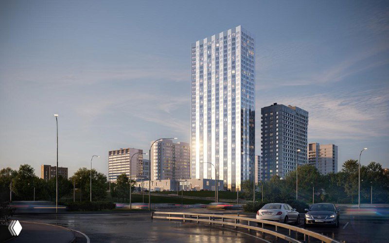Рендер фасада жилого корпуса UNO.Горбунова в вечернем освещении: высокий 35-этажный корпус на фоне города и подъездные дороги у МКАД.