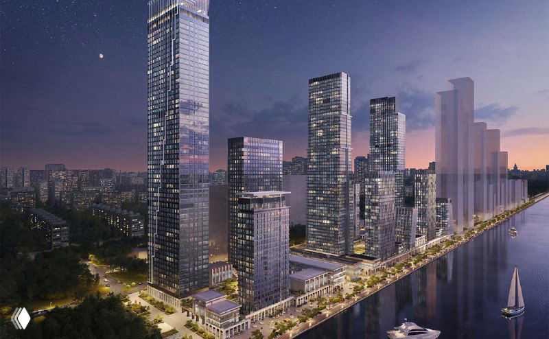 Ночной рендер проекта: освещённые высотные корпуса вдоль воды, пешеходные зоны и отражение зданий в канале имени Москвы.