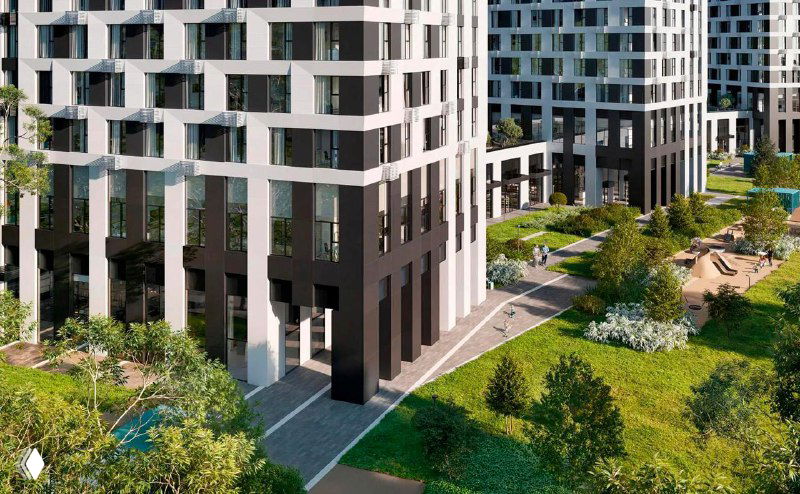 Дворовая территория и стилобат жилого комплекса Level Войковская: прогулочные зоны, озеленение и входы в первый этаж на визуализации проекта