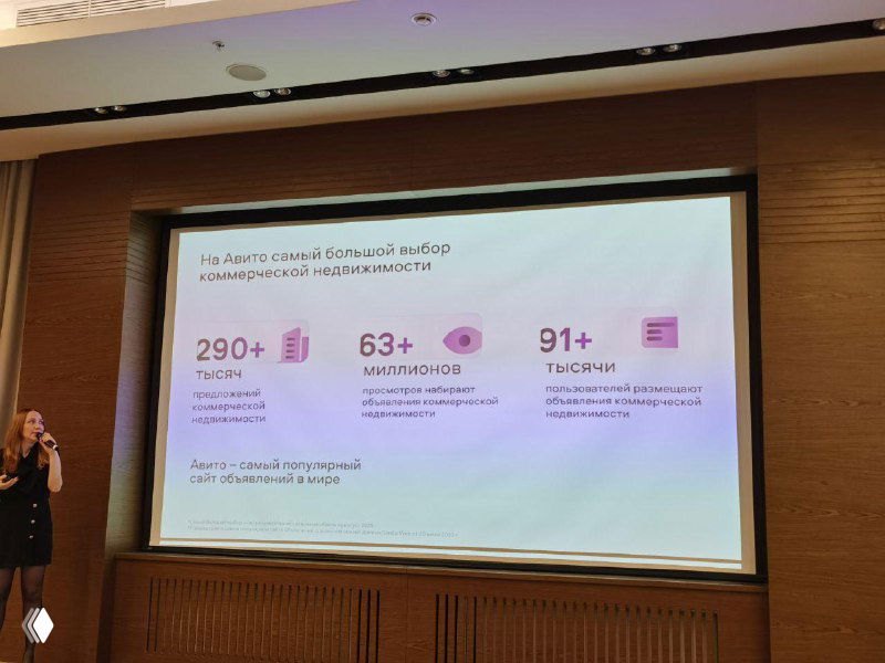 Слайд-презентация команды Авито на экране конференции; видны цифры и блоки с описанием новых инструментов для коммерческой недвижимости.