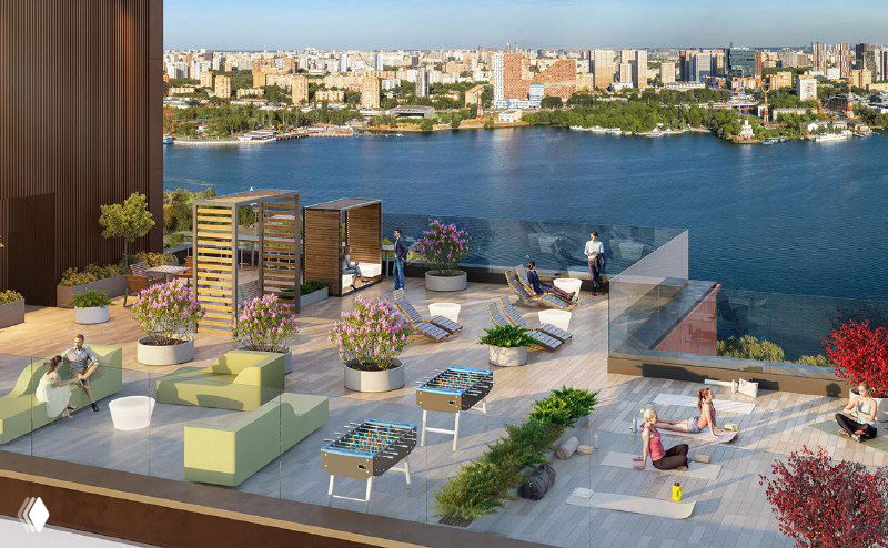Рендер открытой террасы или общественной кровли с видом на воду: зоны отдыха, растения и места для прогулок внутри концепции проекта U2.