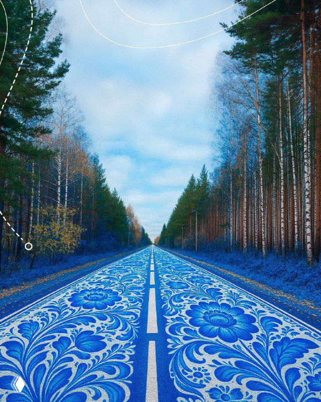 Дорога, визуально оформленная в бело‑синем стиле гжель: узор идёт по трассе между лесных рядов, эстетическая стилизация пейзажа.