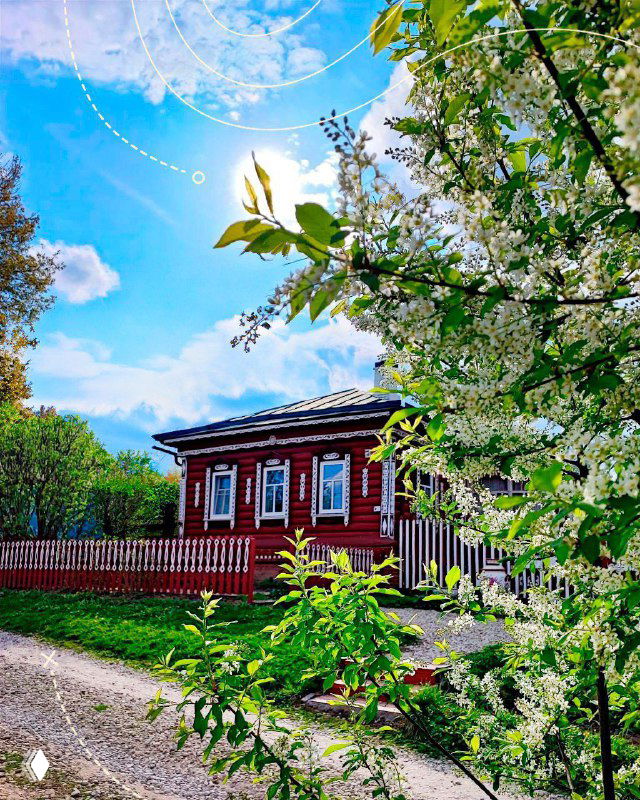 Традиционный деревянный дом в цветущем саду: уютная усадьба в летнем цветении, характерный для малых городов Центральной России пейзаж.