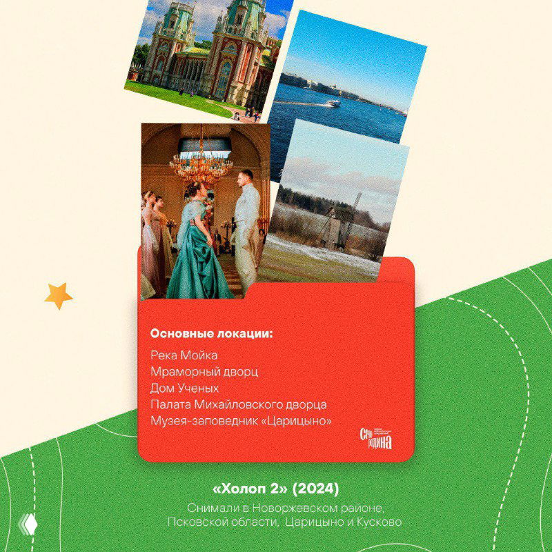 Визуальная карточка с кадрами и архитектурными объектами из фильма «Холоп 2»: дворцовые интерьеры и внешние планы в коллаже.