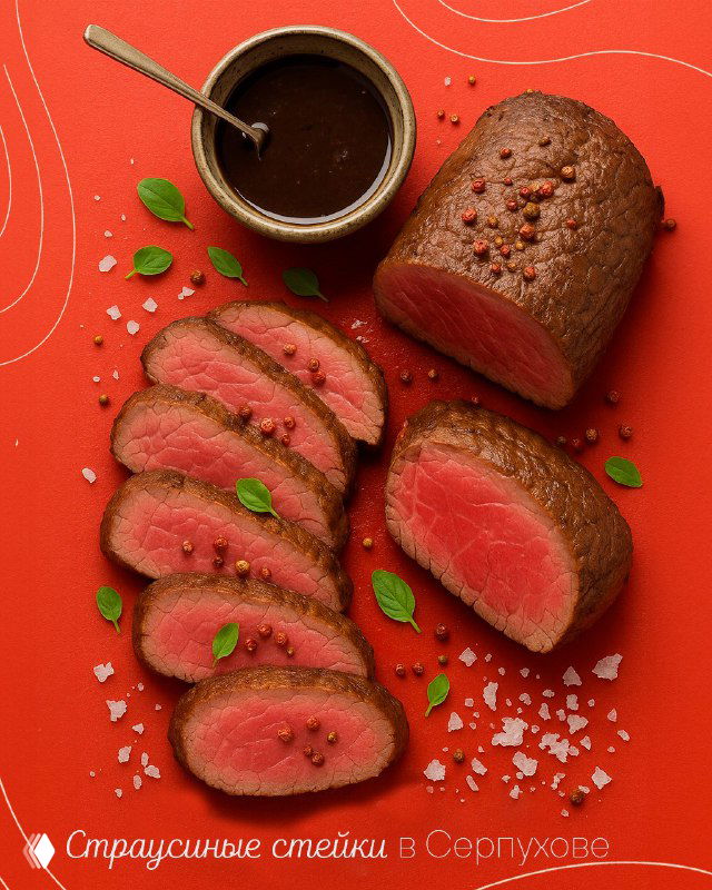 Нарезанный сочный розовый стейк на красочном фоне с соусом и зелёными листьями — иллюстрация страусиных стейков из тура по Серпухову.
