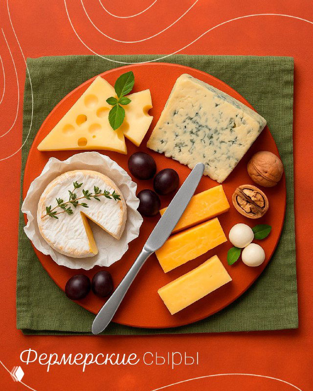 Круглая тарелка с разнообразными фермерскими сырами, оливками и орехами на текстильной подложке — пример сырной дегустации из тура.