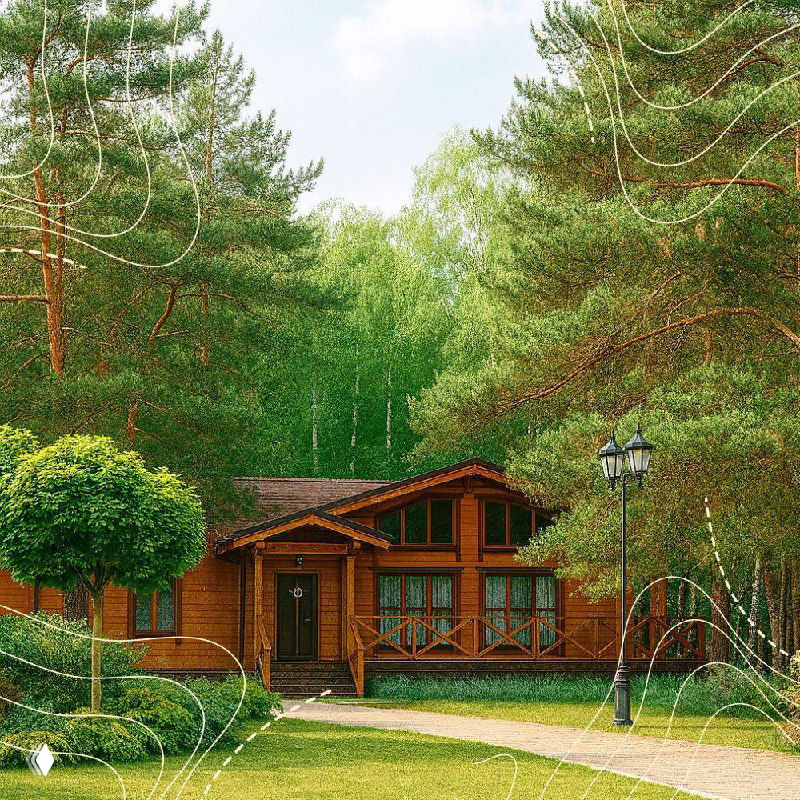 Деревянный дом в окружении соснового бора — спокойное место эко-ретрита для восстановления сил и уединения на природе.