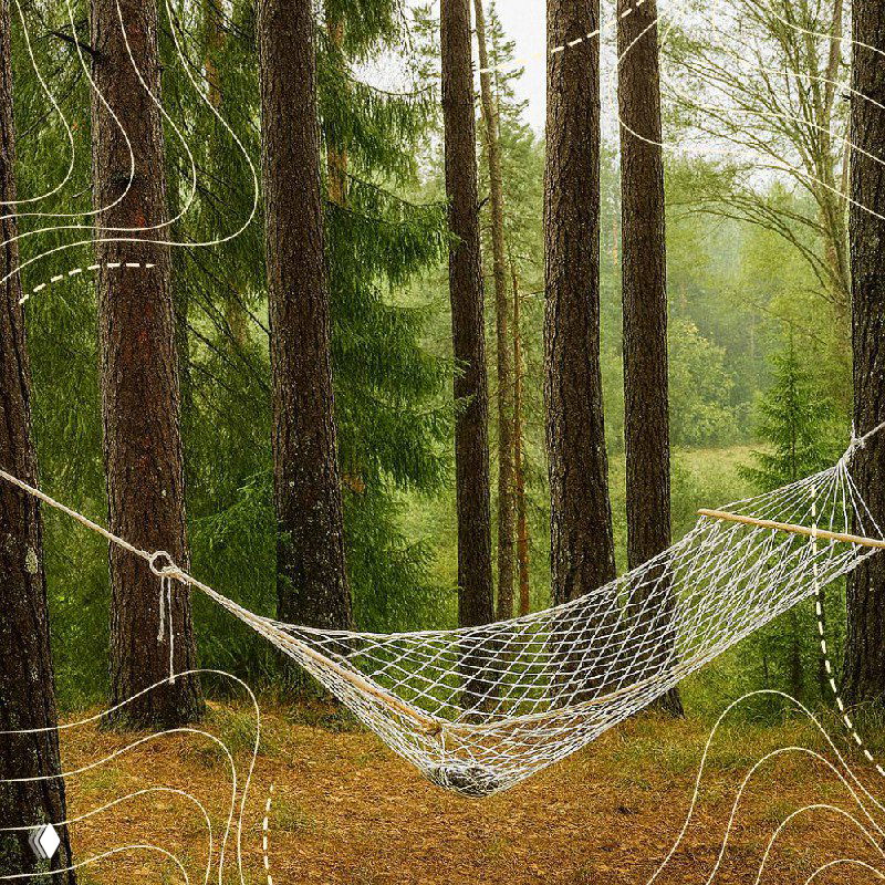 Гамак между высокими хвойными деревьями в лесной поляне — место для отдыха и медитации на ретрите в Сивцево.