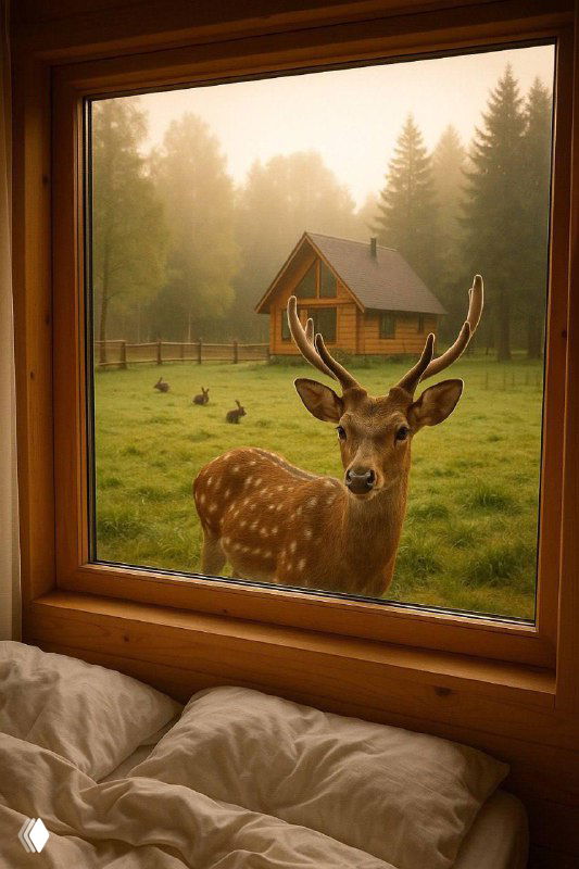 Пятнистый олень заглядывает в панорамное окно уютного домика на ферме Бэмби Лэнд; на заднем плане домик, лужайка и хвойный лес в тумане.