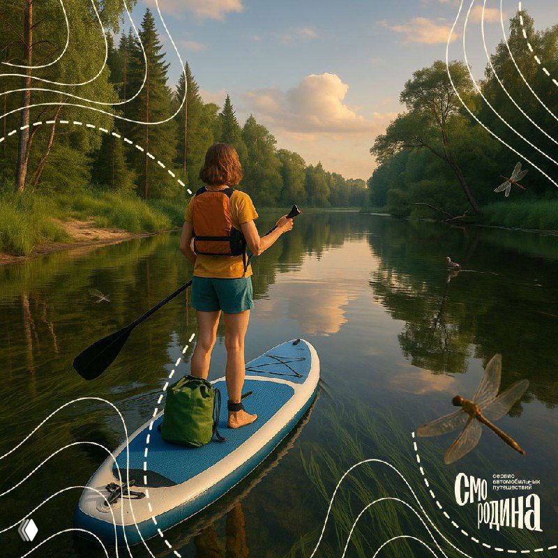 Турист на SUP-доске посреди спокойной реки Пра на закате; вокруг лесной берег, рюкзак и весло на доске, зеркальная вода и тихая атмосфера.