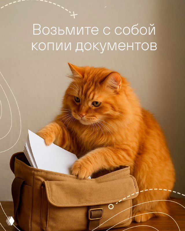 Кот достаёт документы из сумки — визуальный совет брать копии документов в дороге, когда связь может отсутствовать и нужны подтверждения личности или брони.