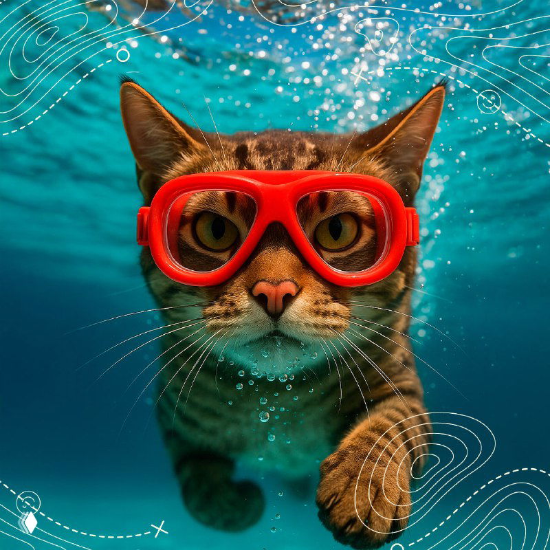 Художественное подводное фото кота в ярких красных очках для плавания, эффект пузырей и движения, рекламный и игривый образ.