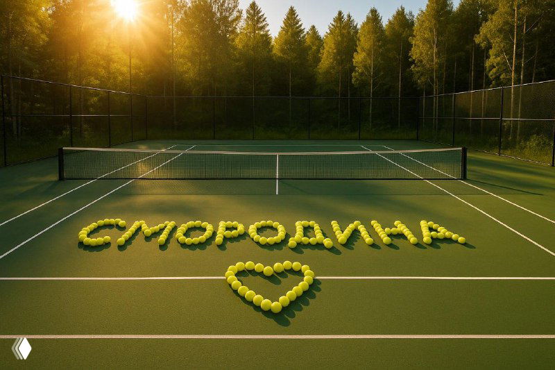 Теннисный корт под открытым небом на фоне соснового леса при закатном свете; на корте из теннисных мячей выложено «СМОРОДИНА» и сердце.