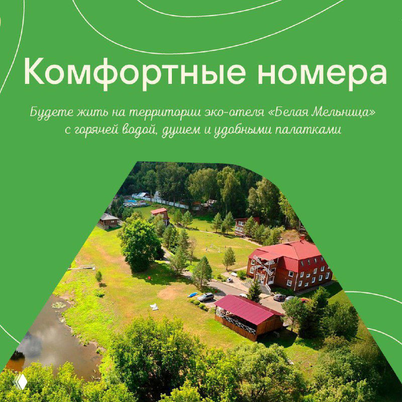 Аэрофотоснимок туркомплекса с домиками и зелёной территорией у водоёма: комфортные номера и природная обстановка для отдыха.
