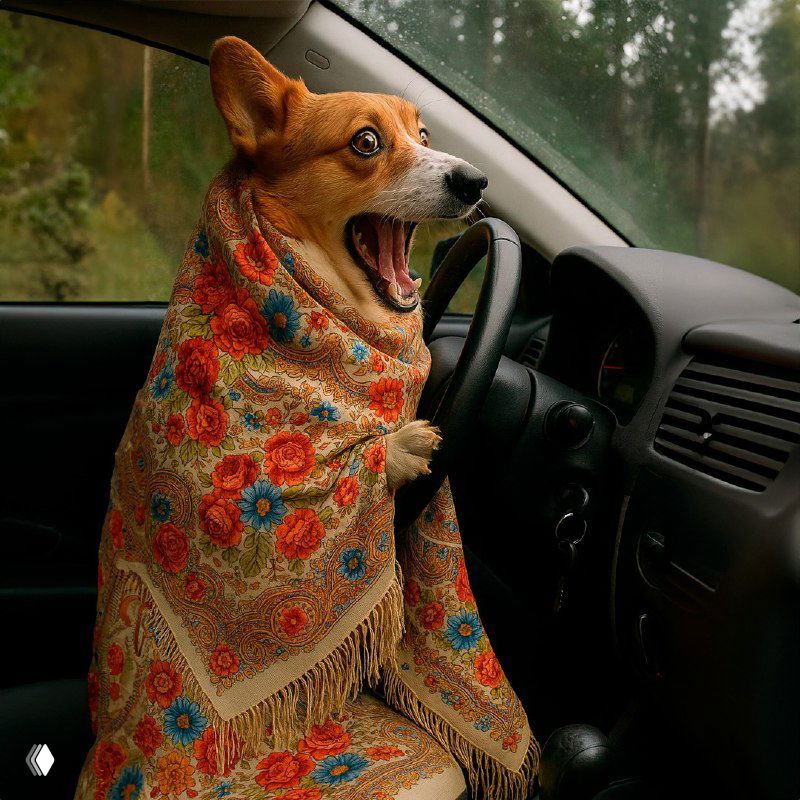 Весёлая собака в салоне автомобиля, закутанная в павловопосадский платок с насыщенными цветочными узорами, демонстрирует текстильный мотив в дорожном контексте.