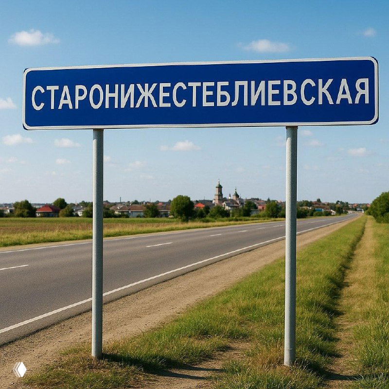 Крупный дорожный знак с названием станицы «Старонижестеблиевская» на фоне ровной трассы, полей и сельской застройки под голубым небом.