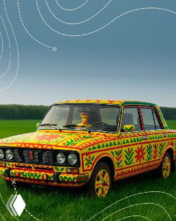 Ретро‑автомобиль полностью расписан в узорах филимоновской росписи: солнца, елочки и декоративные геометрические мотивы на ярком кузове.