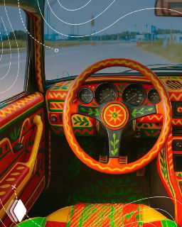 Вид салона автомобиля крупным планом: рулевое колесо и приборная панель украшены филимоновскими орнаментами яркой палитры и декоративными мотивами.