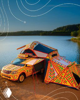 Палатка и автомобиль на берегу озера, оба украшены филимоновскими узорами — идея для стилизованного автопутешествия на природе с традиционной росписью.