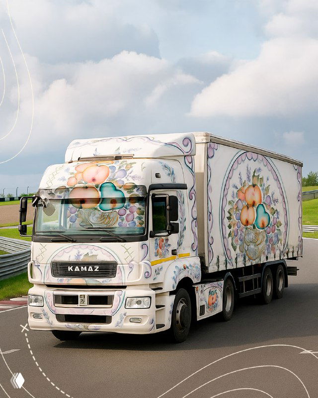 Грузовик, украшенный семикаракорской керамической росписью с растительными мотивами и сценами сельской жизни, движется по дороге днем.