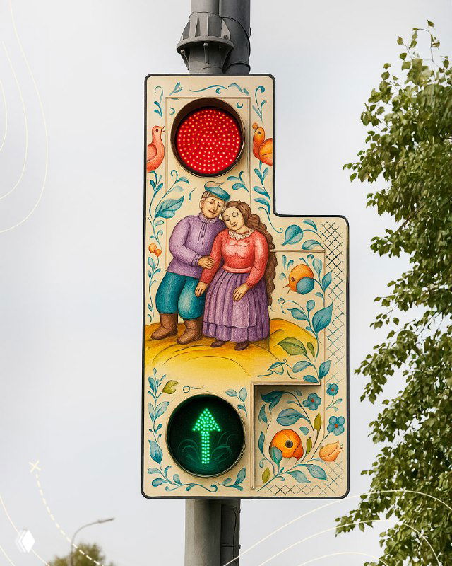 Пешеходный светофор, раскрашенный в стиле донской росписи: сцена с людьми и цветочные орнаменты на корпусе светофора у дороги.