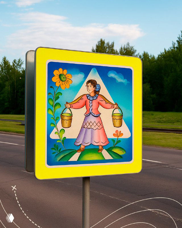 Яркая дорожная табличка с изображением девушки и цветочным орнаментом в стиле народной росписи на фоне леса и неба.