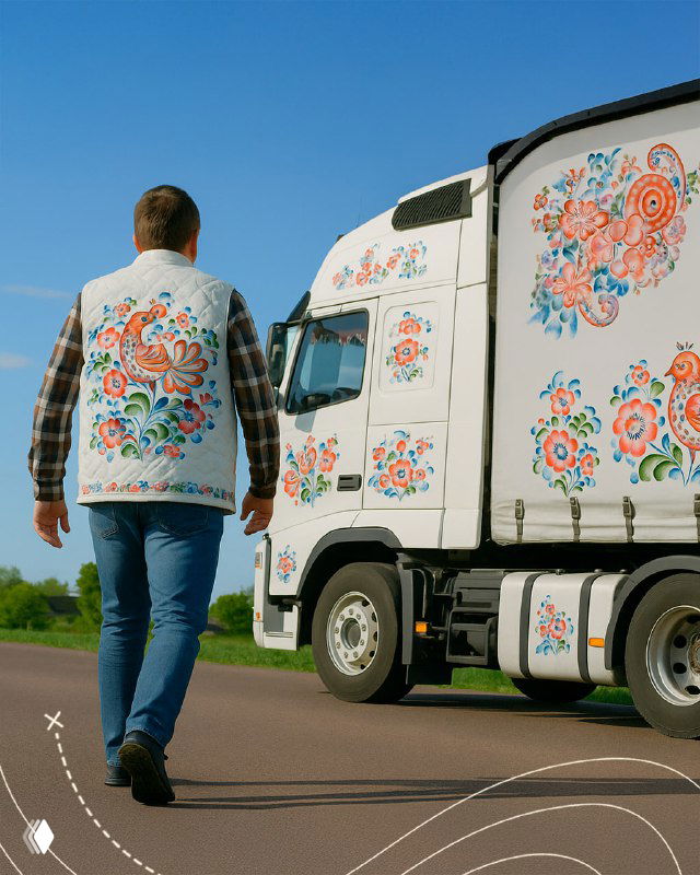 Дневной кадр водителя рядом с грузовиком, украшенным floral-орнаментами и сценами, демонстрация того, как роспись смотрится в дороге.