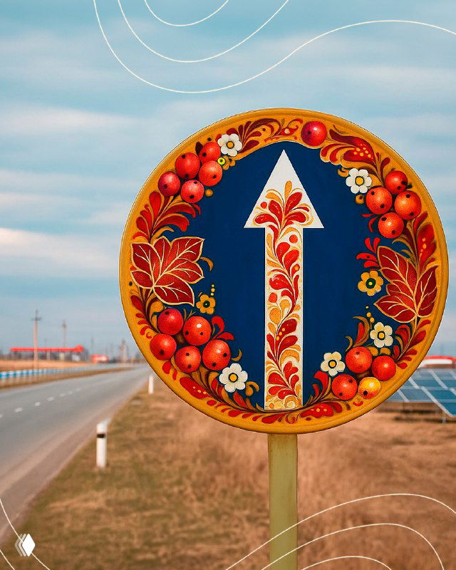 Дорожный знак, расписанный владимирской кистевой росписью с ягодно-цветочными орнаментами, на обочине трассы под облачным небом