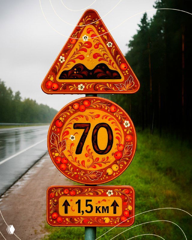Набор дорожных знаков и табличек, украшенных владимирской росписью: круглый знак «70» и указатель с цветочным узором на мокрой дороге