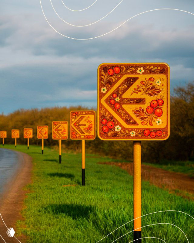 Ряд дорожных указателей, украшенных традиционной владимирской росписью с ягодами и листьями, вдоль загородной трассы и поля при мягком освещении