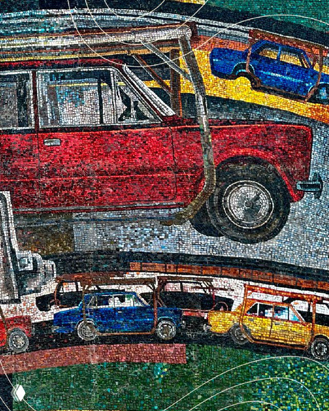Фрагмент мозаики с изображением автомобиля «Жигули» и конвейера — историческая отсылка к выпуску первого автомобиля на ВАЗе.