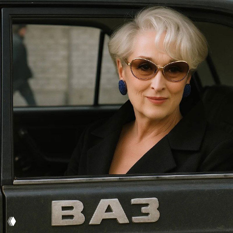 Иллюстративный кадр: элегантная женщина в солнцезащитных очках сидит за рулём автомобиля, на двери крупная эмблема «ВАЗ», как постер.