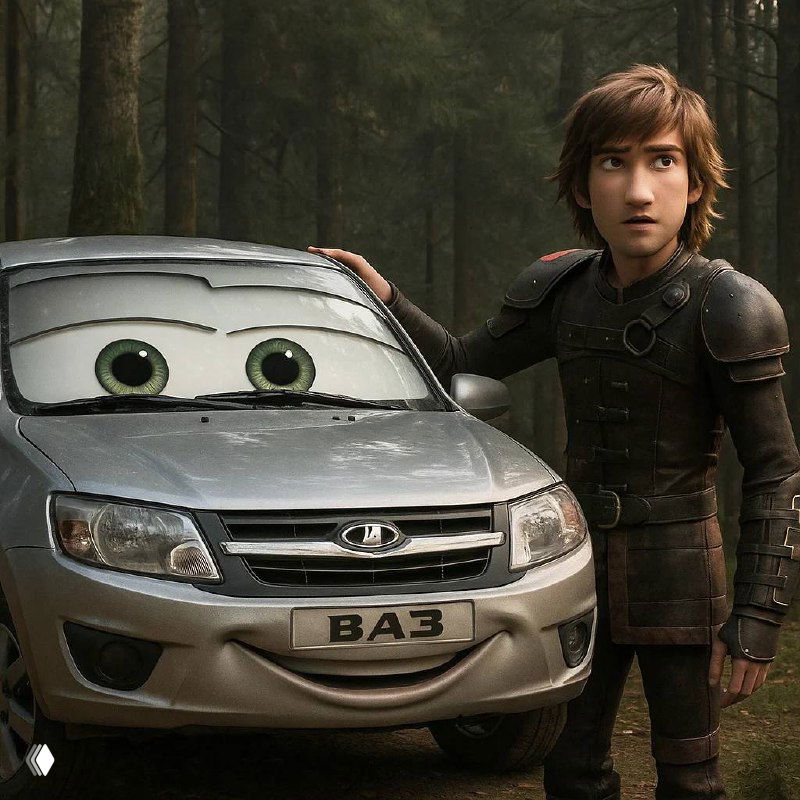 Кадр-иллюстрация: молодой персонаж рядом с дружелюбным автомобилем с лицом и номером «ВАЗ», стилизация под анимацию и семейный фильм.