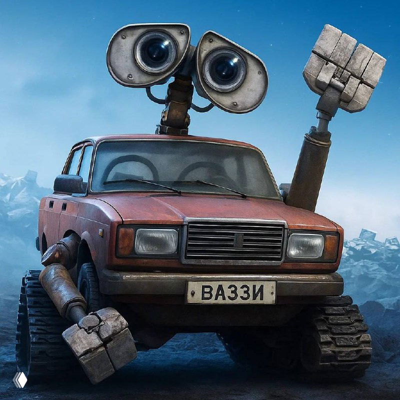 Приключенческий арт: внедорожник с номером и надписью «ВАЗЗИ», стилизованный под робота, на фоне гор и неба, идея постера в жанре приключений.