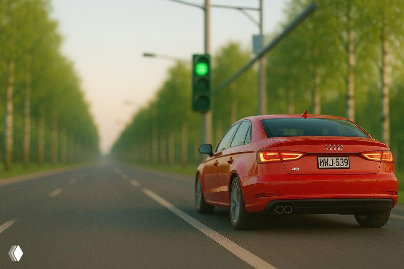 Красный автомобиль едет по прямой городской дороге; на переднем плане горит зелёный сигнал светофора — иллюстрация работы «зелёной волны».