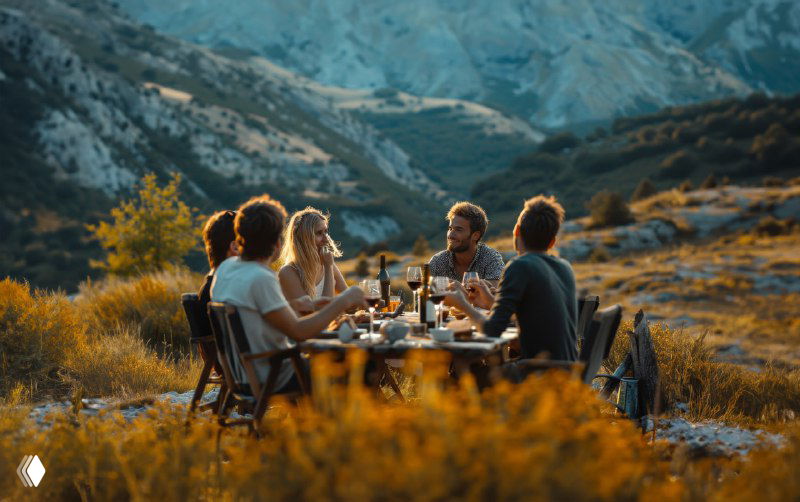 Вечерний ужин на природе: компания гостей за столом среди гор и таёжных зарослей, свечи, тарелки и бокалы в кадре, атмосферно.