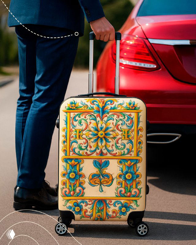Расписной чемодан с гуслицким орнаментом стоит рядом с красным автомобилем — туристическая сцена, демонстрация традиционного узора на чемодане.