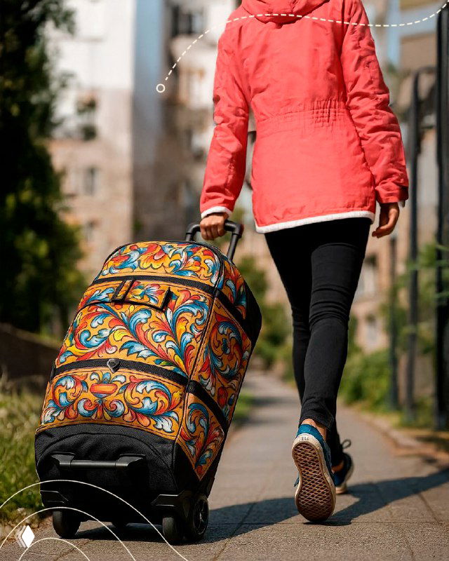 Путешественник тянет ярко расписный чемодан на колесах по городскому тротуару — сочетание традиционного узора и практичного багажа.