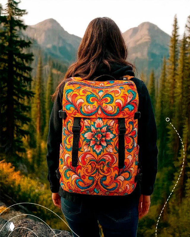 Рюкзак с крупным гуслицким орнаментом на фоне горного пейзажа — идея для походного или туристического аксессуара с народной росписью.