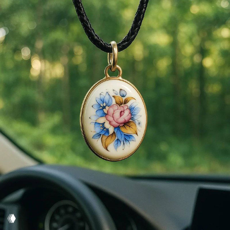 Белая овальная медальон-финифть с розовыми и синими цветами, крупный план на шнурке на фоне зелёного леса за стеклом автомобиля.