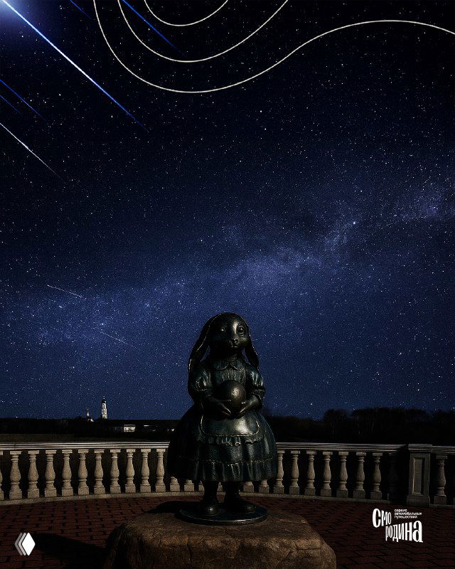 Статуэтка на набережной Киржача вечером: силуэт фигурки на фоне широкого звездного неба и городской линии горизонта.