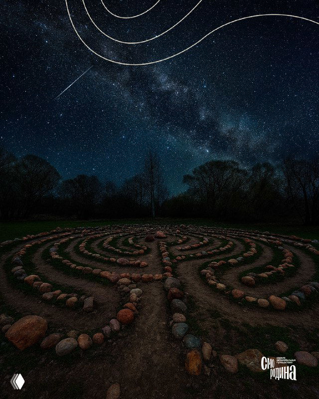 Каменный лабиринт в ночном пейзаже Киржача: кружок из валунов на переднем плане и насыщенное звёздное небо над лесом.