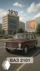 Вид спереди на коричневый ВАЗ 2101 в музее: автомобиль на фоне советских зданий с крупной надписью «1970», винтажная атмосфера и антураж.