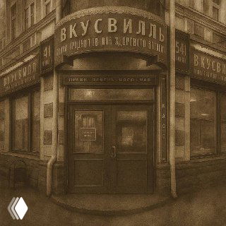 Сепия‑изображение угловой вывески «Вкусвиллъ» в стиле XIX века в историческом центре Рыбинска, с характерной старинной типографикой.