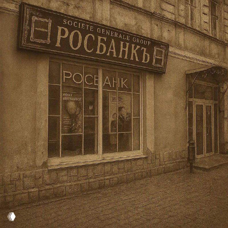 Ретро‑вывеска банка «Росбанкъ» в эффекте сепии на одной из улиц Рыбинска — старинный шрифт и историческое оформление фасада.